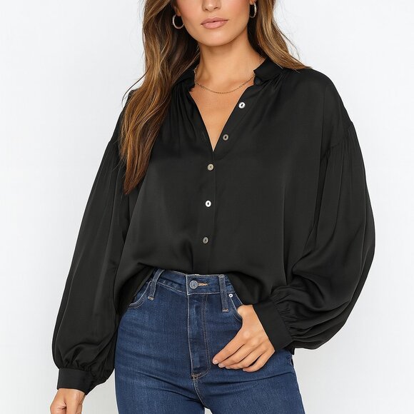 Vintage 70s The Silk Farm Korea Blouse Top Black Puff Sleeves Oversized size 6 - Picture 10 of 10